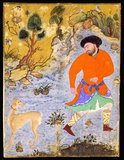 Miniature painting on cloth of a man with an apparently recalcitrant Saluki hunting dog on a leash. Mid-16th century. Signed by Dost Muhammad.
