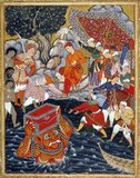 The Hamzanama or Dastan-e-Amir Hamza (Adventures of Amir Hamza) narrates the mythical exploits of Amir Hamza, the uncle of the prophet of Islam. Most of the story is extremely fanciful, memorably described by the first Moghul Emperor Babur as: 'one long far-fetched lie, opposed to sense and nature'. Yet the Hamzanama proved enduringly popular with Babur's grandson, the third Mughal Emperor Akbar, who commissioned a magnificent illustrated version of the epic in c.1562, from which this miniature is taken. The text augmented the story, as traditionally told in dastan performances. This romance originated more than 1,000 years ago, probably in Persia, and subsequently spread throughout the Islamic world in oral and written forms. The Dastan (story telling tradition) about Amir Hamza persists far and wide up to Bengal and Arakan (Burma) due to Hamza's supposedly widespread travelling in Persia, eastern India, the Himalayas, Bengal, Manipur, Burma and perhaps Malaysia in his youth, or before he embraced Islam in 616.