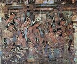 The Ajanta Caves in Maharashtra, India are 31 rock-cut cave monuments which date from the 2nd century BC. The caves include paintings and sculptures considered to be masterpieces of both Buddhist religious art (which depict the Jataka tales) as well as frescos which are reminiscent of the Sigiriya paintings in Sri Lanka. The caves were built in two phases starting around 200 BC, with the second group of caves built around 600 AD. Since 1983, the Ajanta Caves have been a UNESCO World Heritage Site. The caves are located in the Indian state of Maharashtra, just outside the village of Ajinṭhā in Aurangabad district.